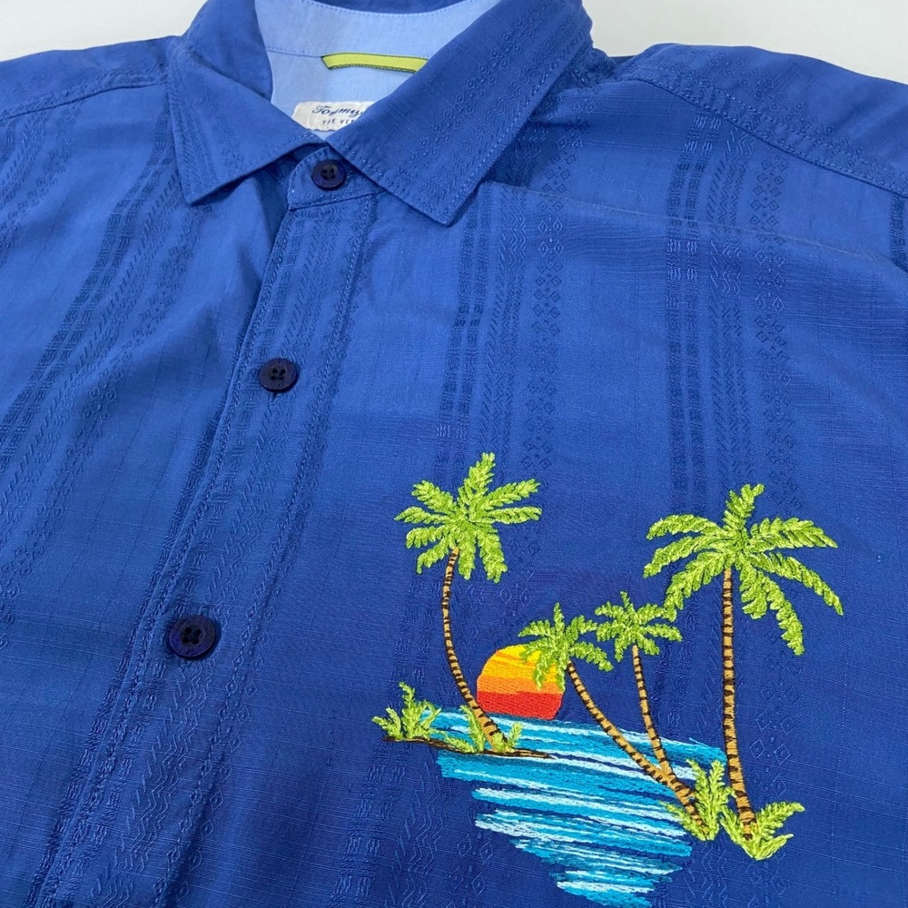Tommy Bahama The Veracruz Cay Shirt Mens Medium Palm Tree Sunset Blue NEW Beach